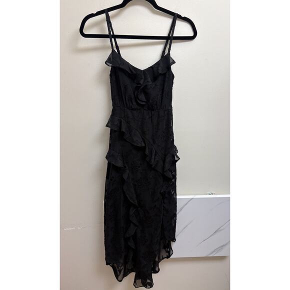 BCX Juniors Black Ruffle Floral Midi Dress XXS Spaghetti Strap Fairy Goth Core - Picture 1 of 7